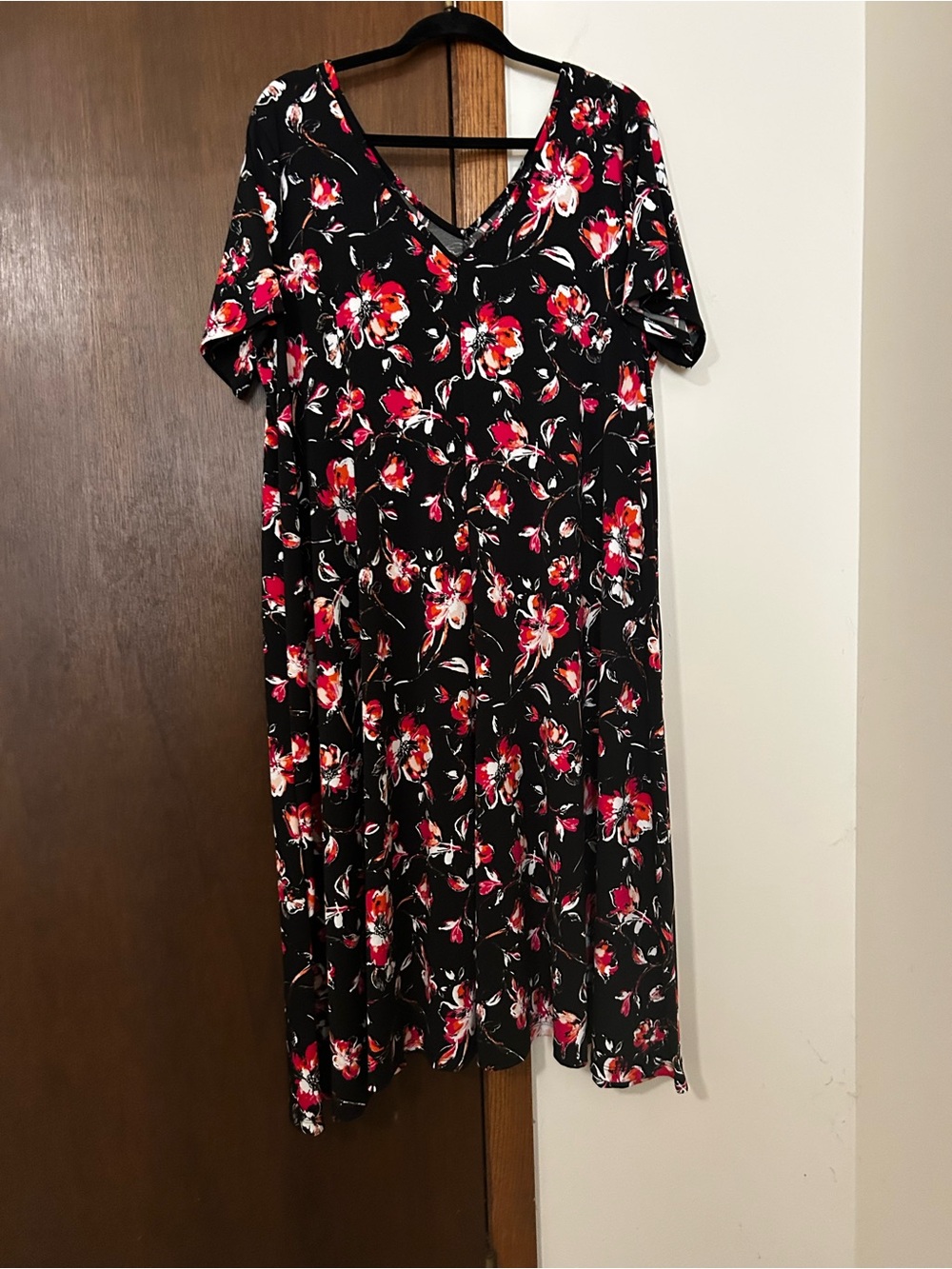 Roaman's Black Midi Dress with Red and Pink Floral Print